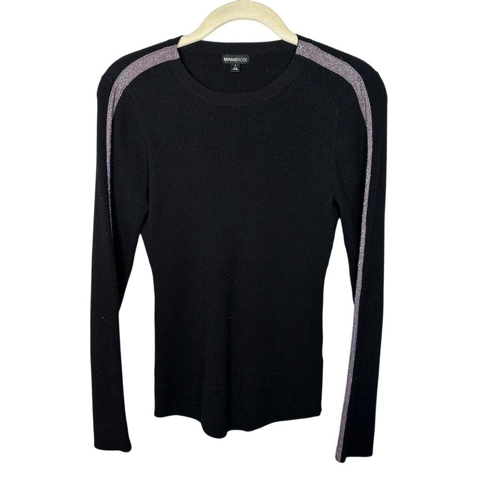 Minnie Rose Black & Purple Sparkle Accent Long Sleeve Sweater Women's Large